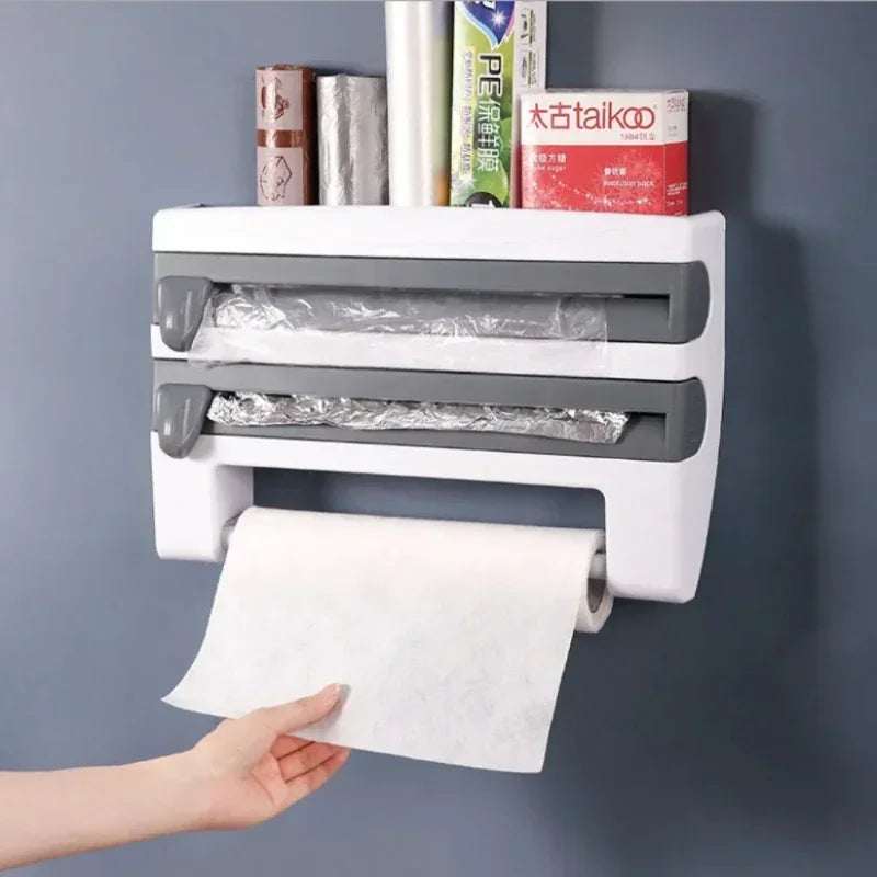 Foil Dispenser Paper Towel Holder 4 In 1 Kitchen Spice Shelf Plastic Wrap Organize Cling Film Cutting Accessories