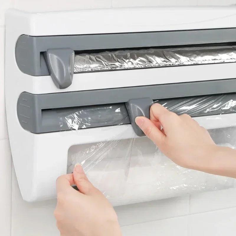 Foil Dispenser Paper Towel Holder 4 In 1 Kitchen Spice Shelf Plastic Wrap Organize Cling Film Cutting Accessories